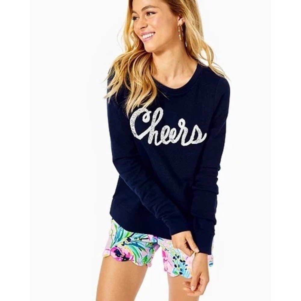 Lilly Pulitzer Rami‎ Sweatshirt Navy Blue Beaded Cheers XS Crewneck Long Sleeve